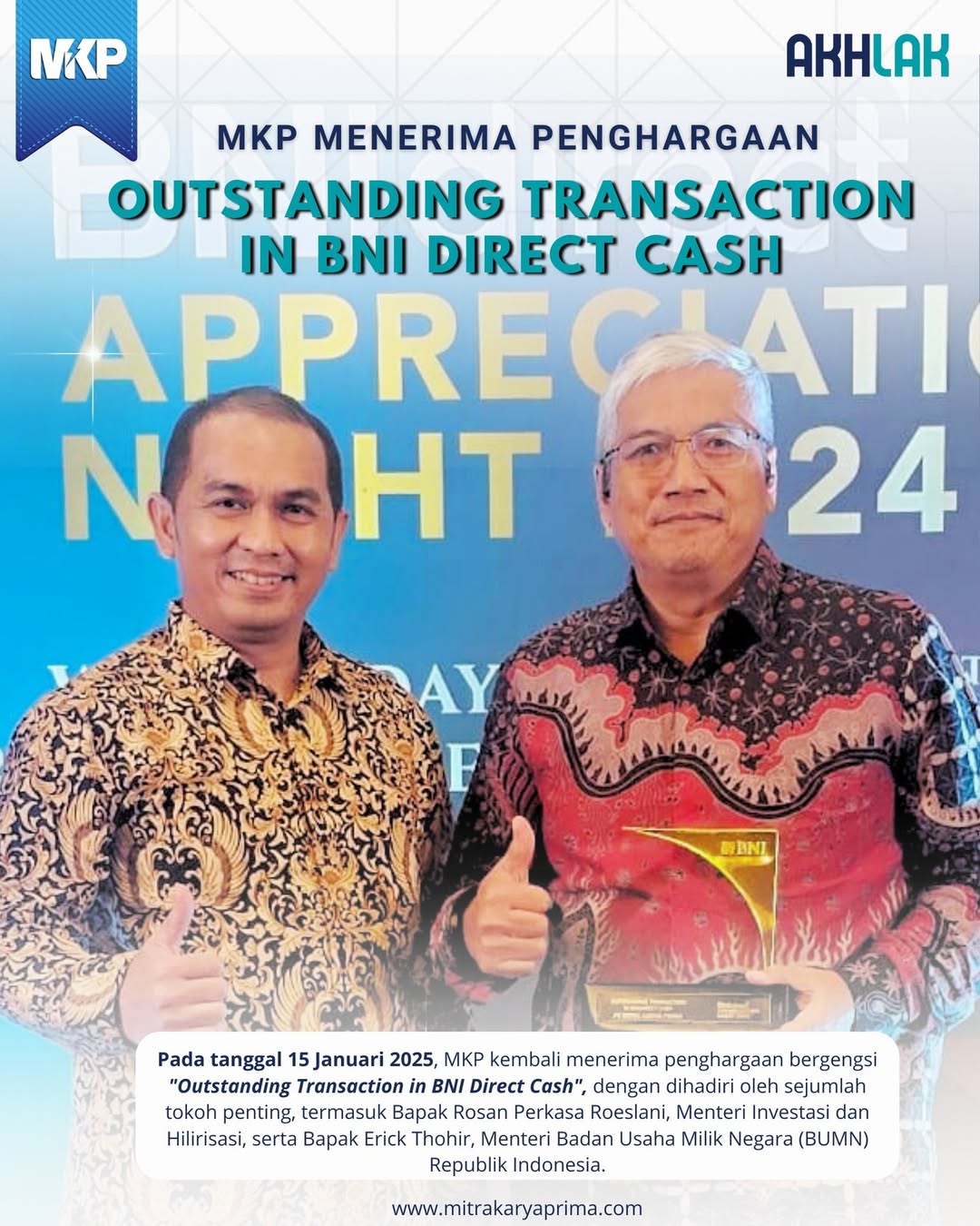 MKP Meraih Penghargaan “Outstanding Transaction in BNI Direct Cash”